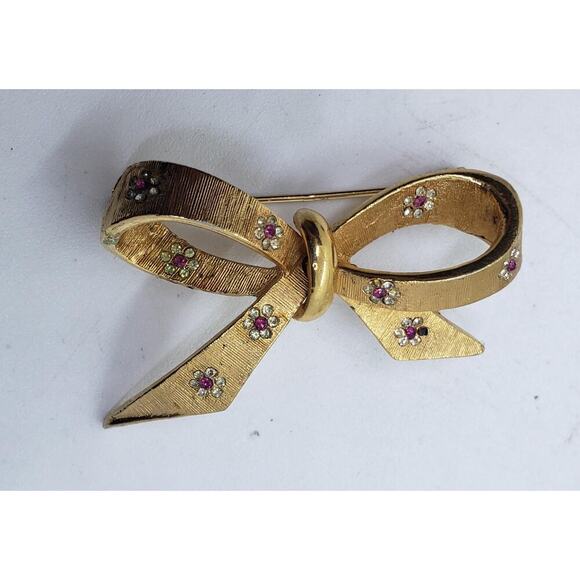 Vintage Bow Brooch 3D Gold Tone Pink/Red Rhinestone Flower Accents signed BSK - Picture 10 of 10